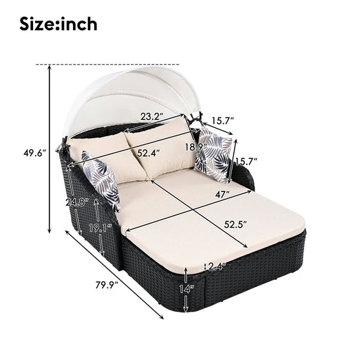 79.9' Outdoor Sunbed with Adjustable Canopy, Double lounge, PE Rattan