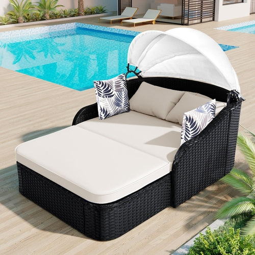 79.9' Outdoor Sunbed with Adjustable Canopy, Double lounge, PE Rattan