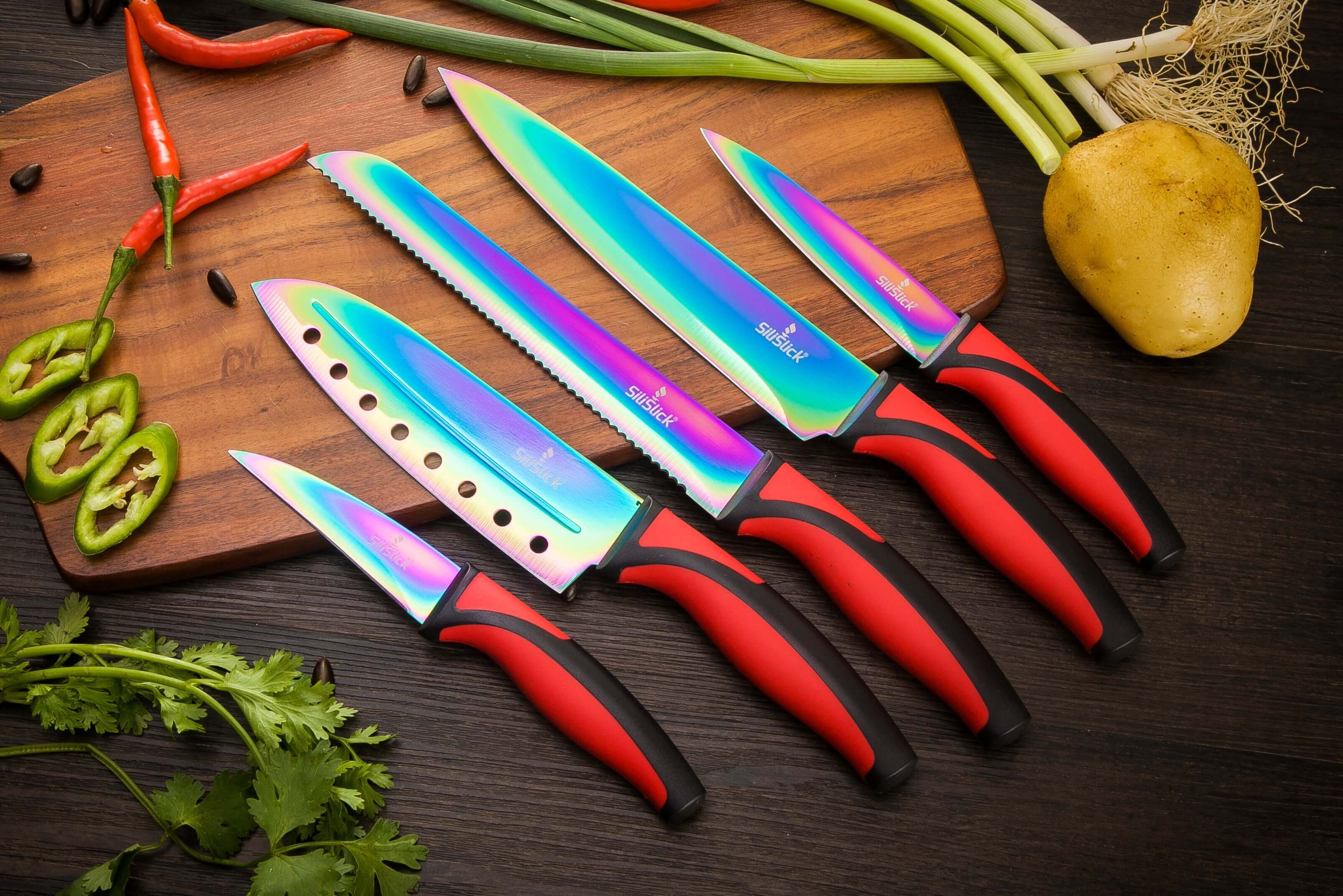 Kitchen Knife Set Kit | Red Handle & Black Magnetic Rack