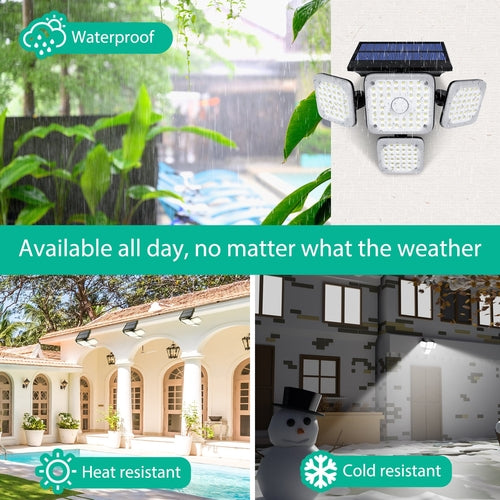 Solar Lights Outdoors 144 LED with Remote 4 Heads 270° Wide Range