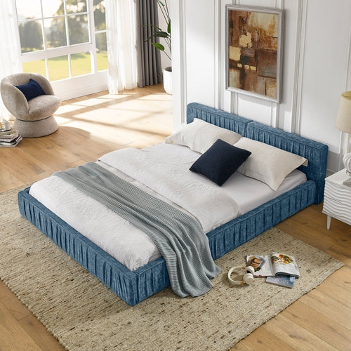 Modern Queen Size Upholstered Bed Frame with Pleated Chenille Fabric