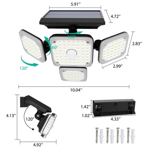 Solar Lights Outdoors 144 LED with Remote 4 Heads 270° Wide Range