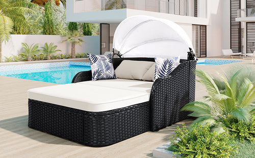 79.9' Outdoor Sunbed with Adjustable Canopy, Double lounge, PE Rattan