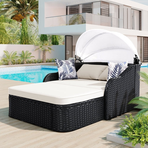 79.9' Outdoor Sunbed with Adjustable Canopy, Double lounge, PE Rattan