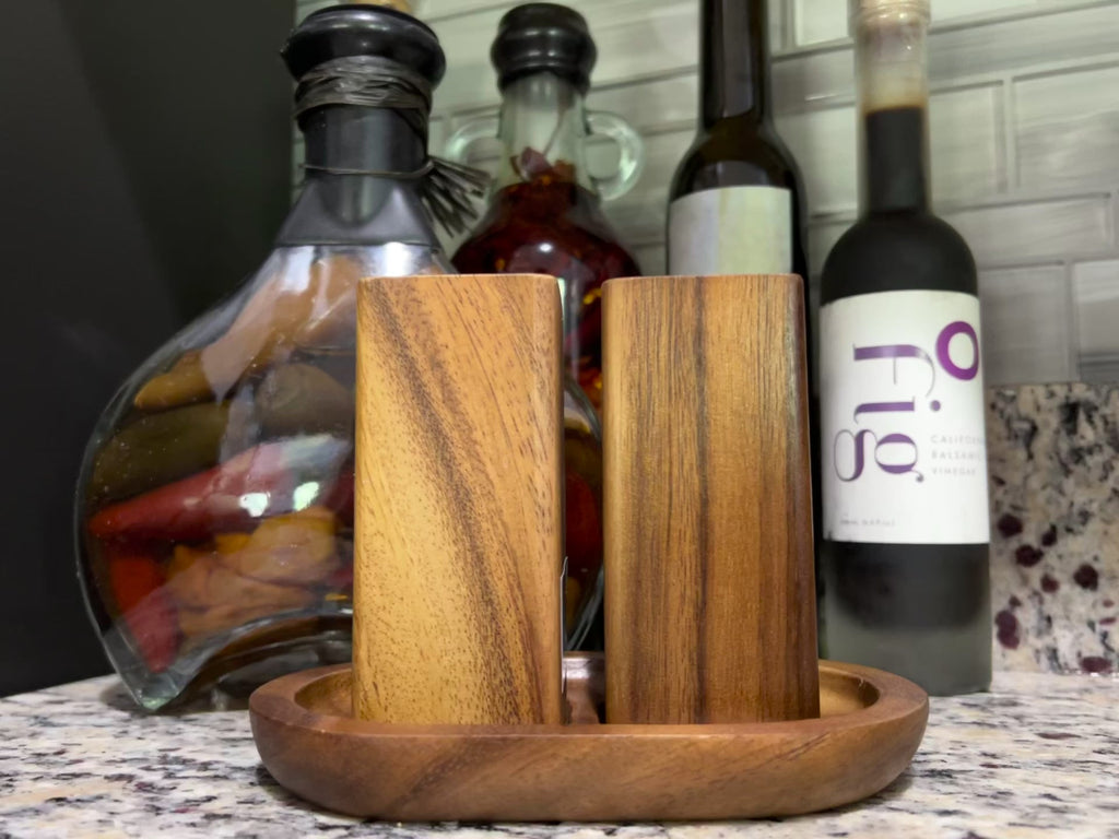 Salt & Pepper Shakers on an Acacia Wood Base