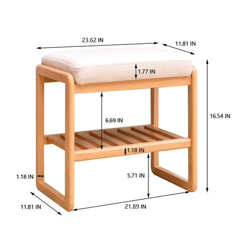 Natural Solid Wood Shoe Bench, Beech Wood Storage Rack Organizer with