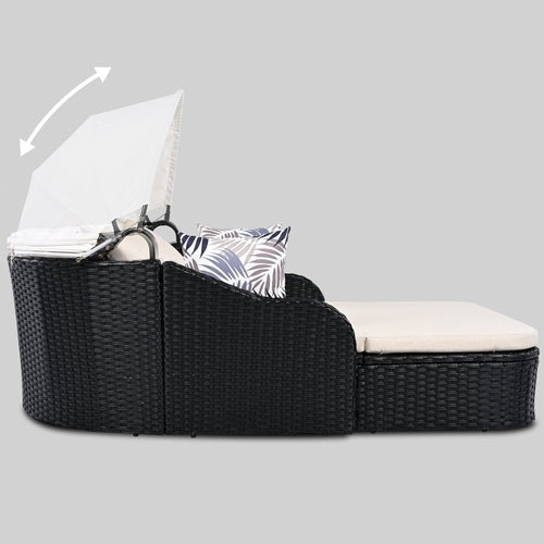 79.9' Outdoor Sunbed with Adjustable Canopy, Double lounge, PE Rattan