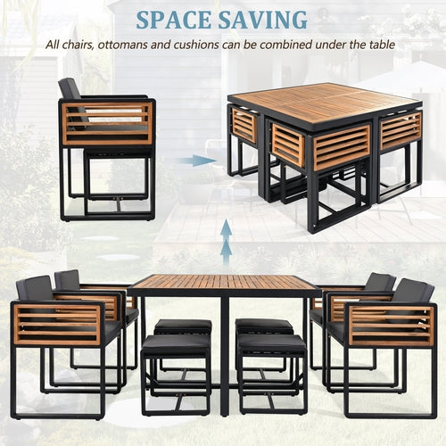 9-Pieces Acacia Wood Patio Dining Set, Space Saving Outdoor Patio Set,