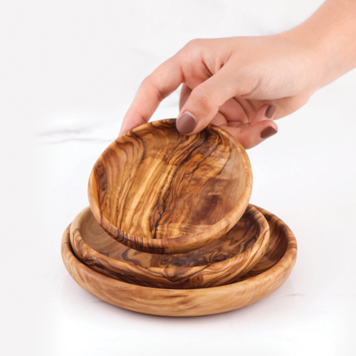 Handcrafted Tunisian Olive Wood Set of 3 Round Dipping Dishes