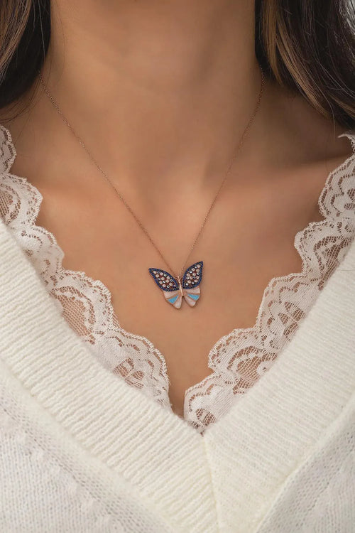 Blue Stone Butterfly 925 Sterling Silver Rhodium Plated Pendant