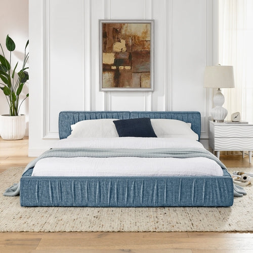 Modern Queen Size Upholstered Bed Frame with Pleated Chenille Fabric